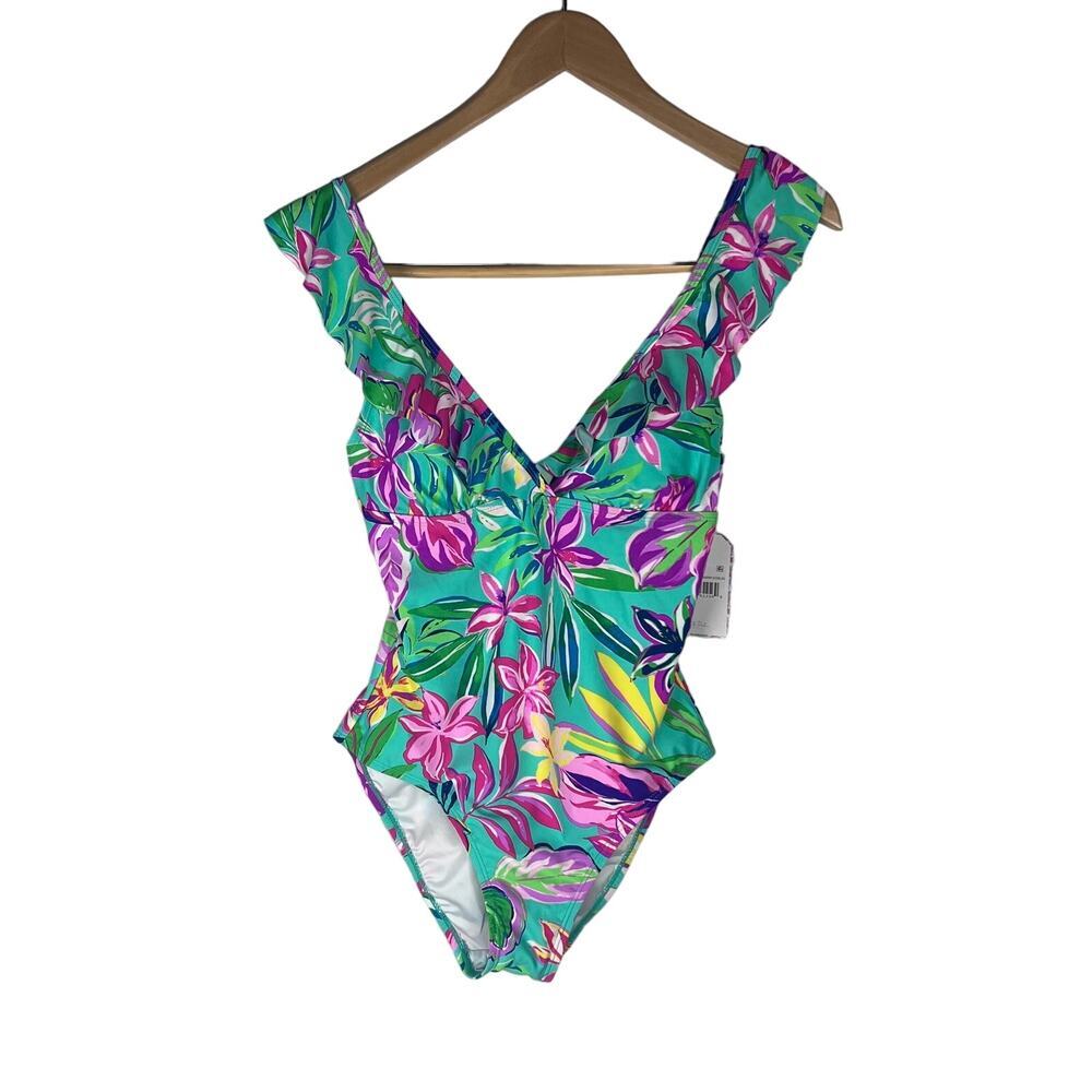 Stella Parker Ruffle Maillot One Piece Swimsuit Women's Ruffle Medium Green Pink